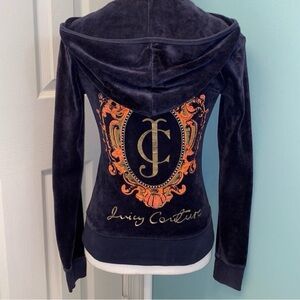 VINTAGE JUICY COUTURE Navy Velour Tracksuit Top w Orange Details